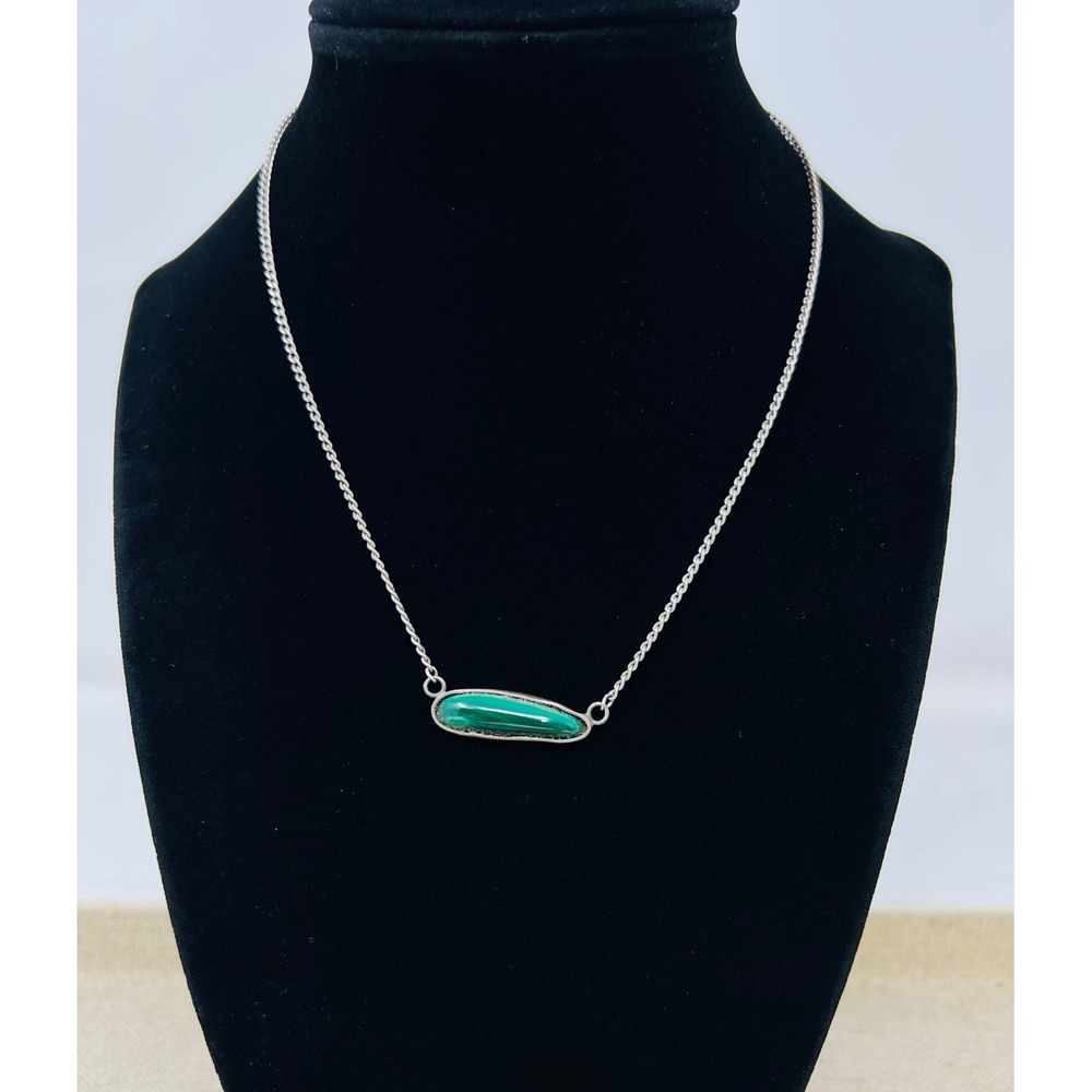 Vintage Sterling Silver Malachite Bar Necklace Green Gemstone 15 Inch Chain